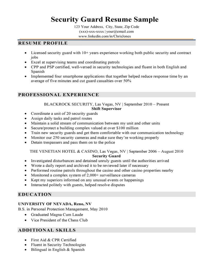 Security Guard Resume Sample & Writing Tips Resume Companion