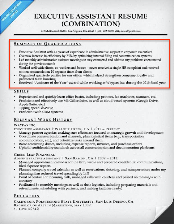 resume template summary of qualifications