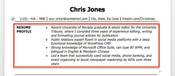 examples of profile for resume