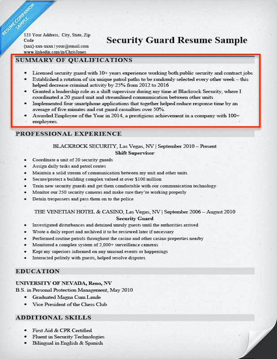 resume qualifications example