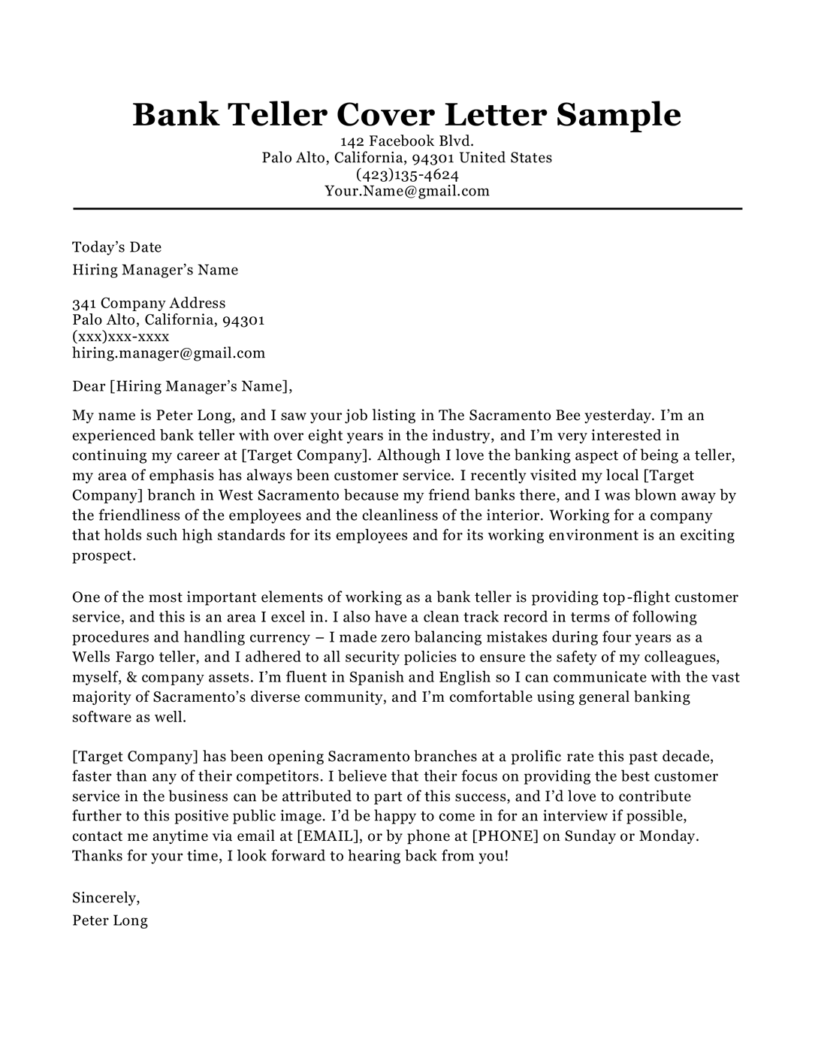 sample cover letters for banks