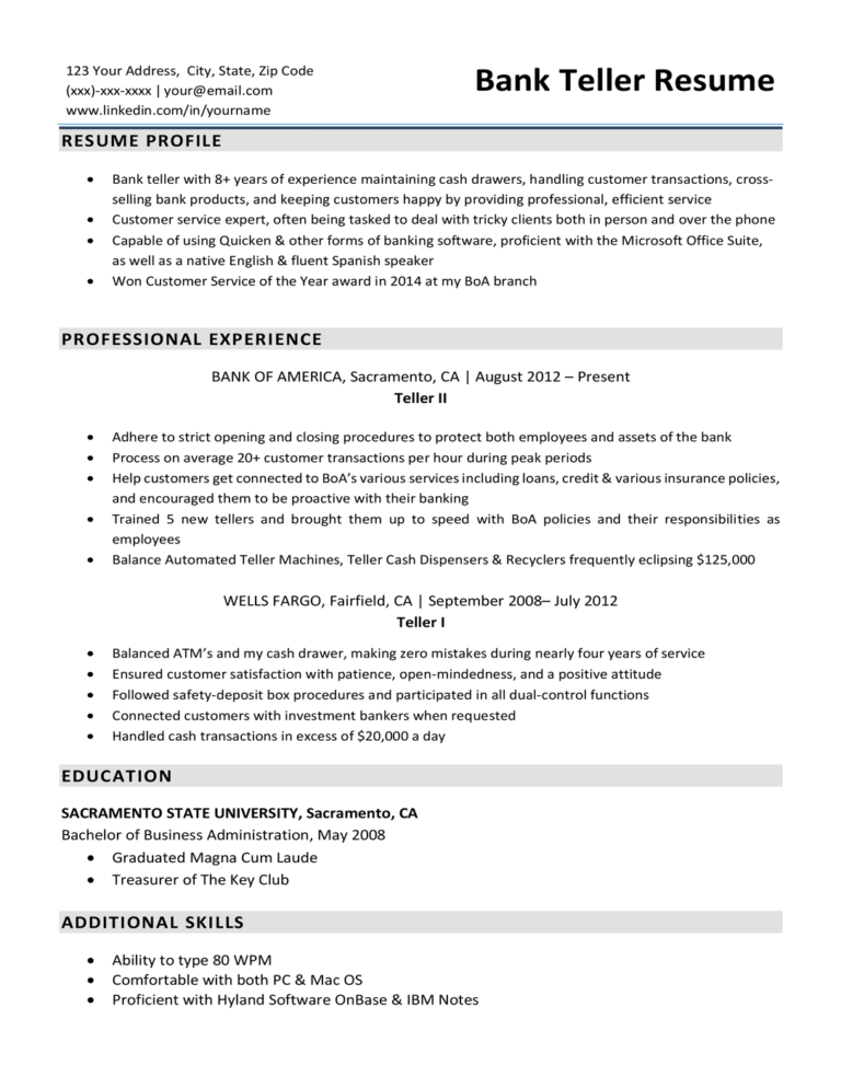 resume examples for a bank teller