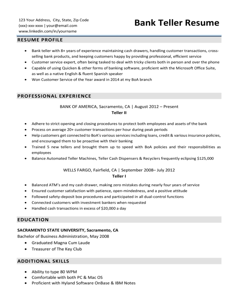job description of bank teller for resume