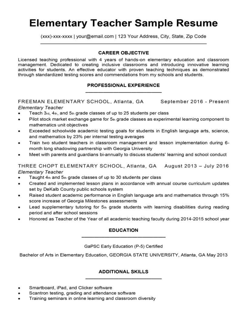 sample objective in resume for teaching position