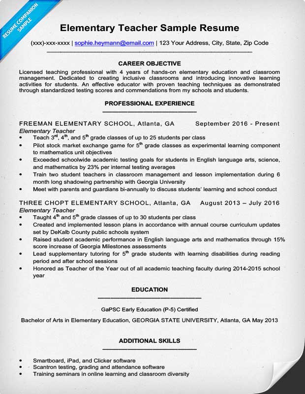 Elementary Teacher Resume Sample  Writing Tips  Resume Companion