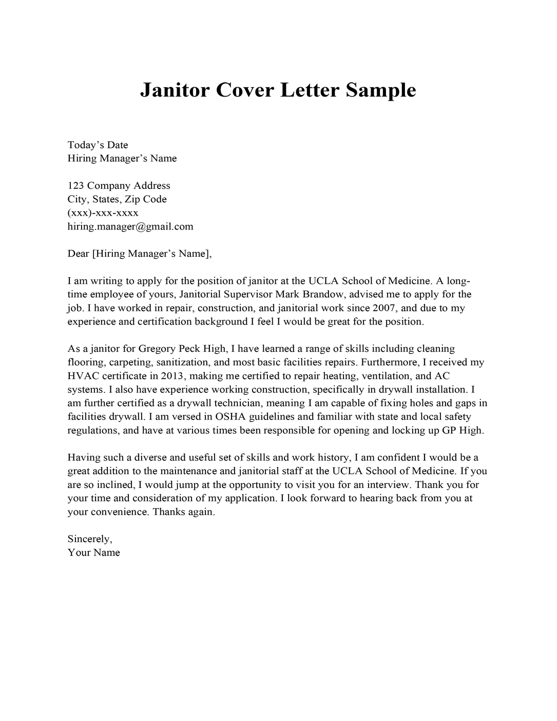 Janitor cover letter sample