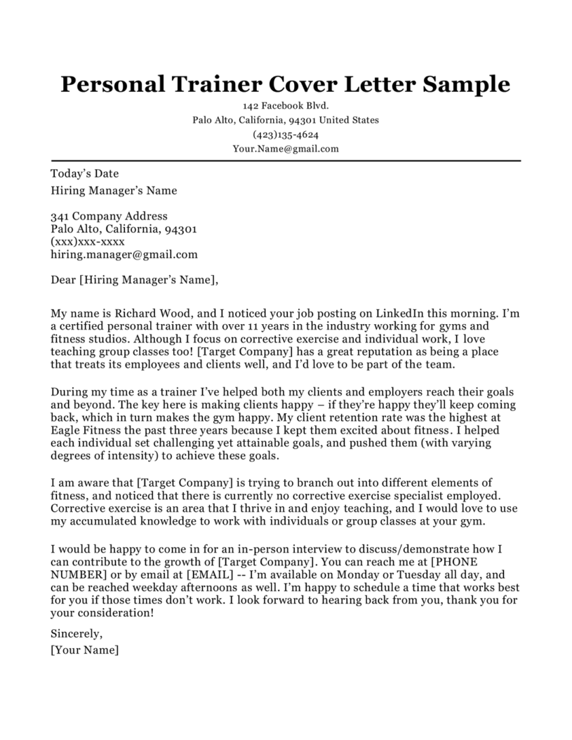 cover letter for a personal training job