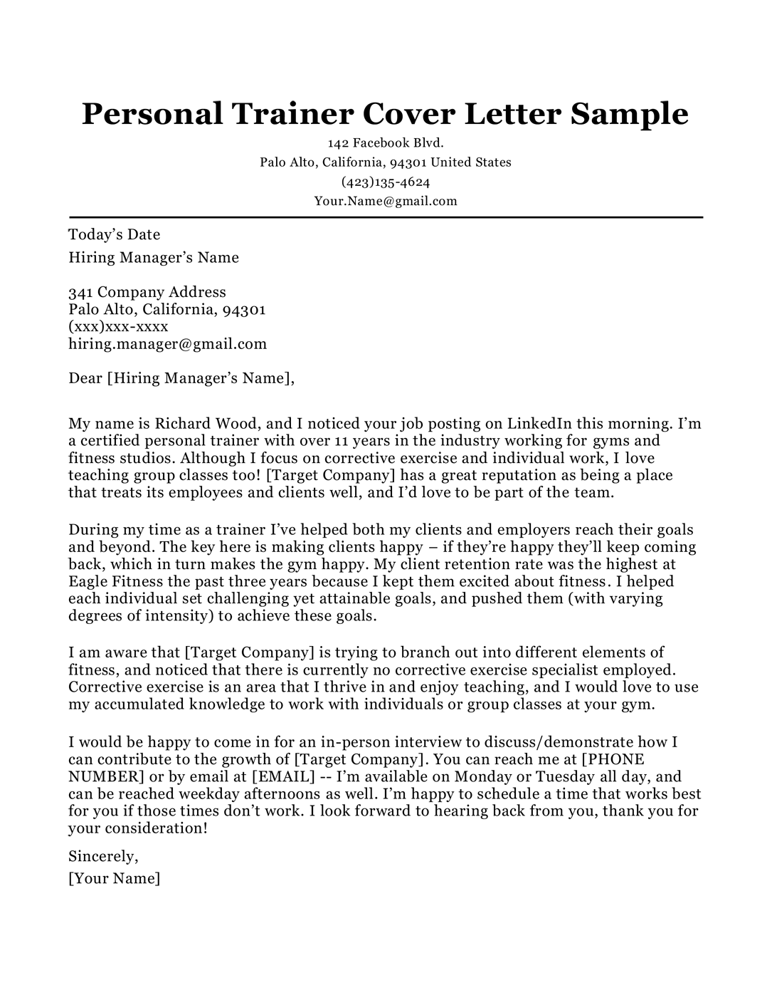 Self Introduction Letter Sample For Job   Personal Trainer Cover Letter Sample 