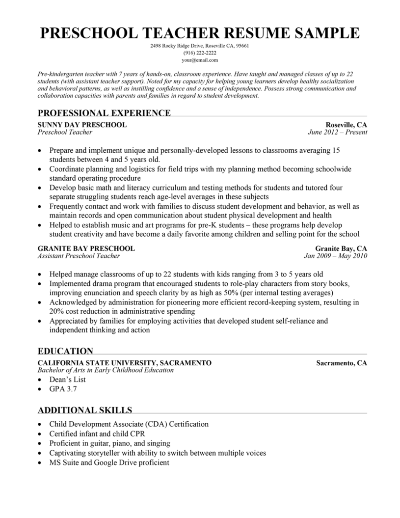 Preschool Teacher Resume Example Template Nanica Resu Vrogue co