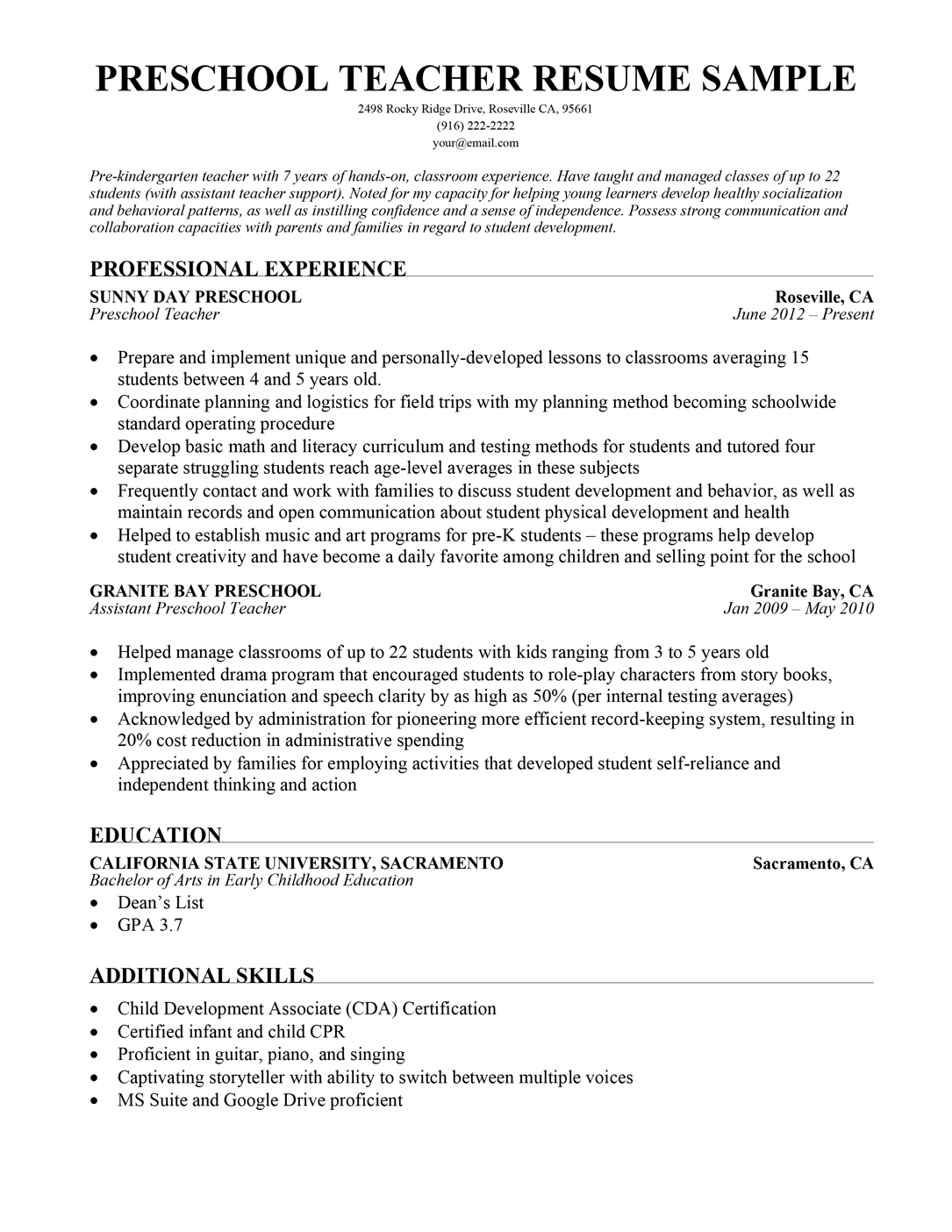 Preschool teacher resume sample