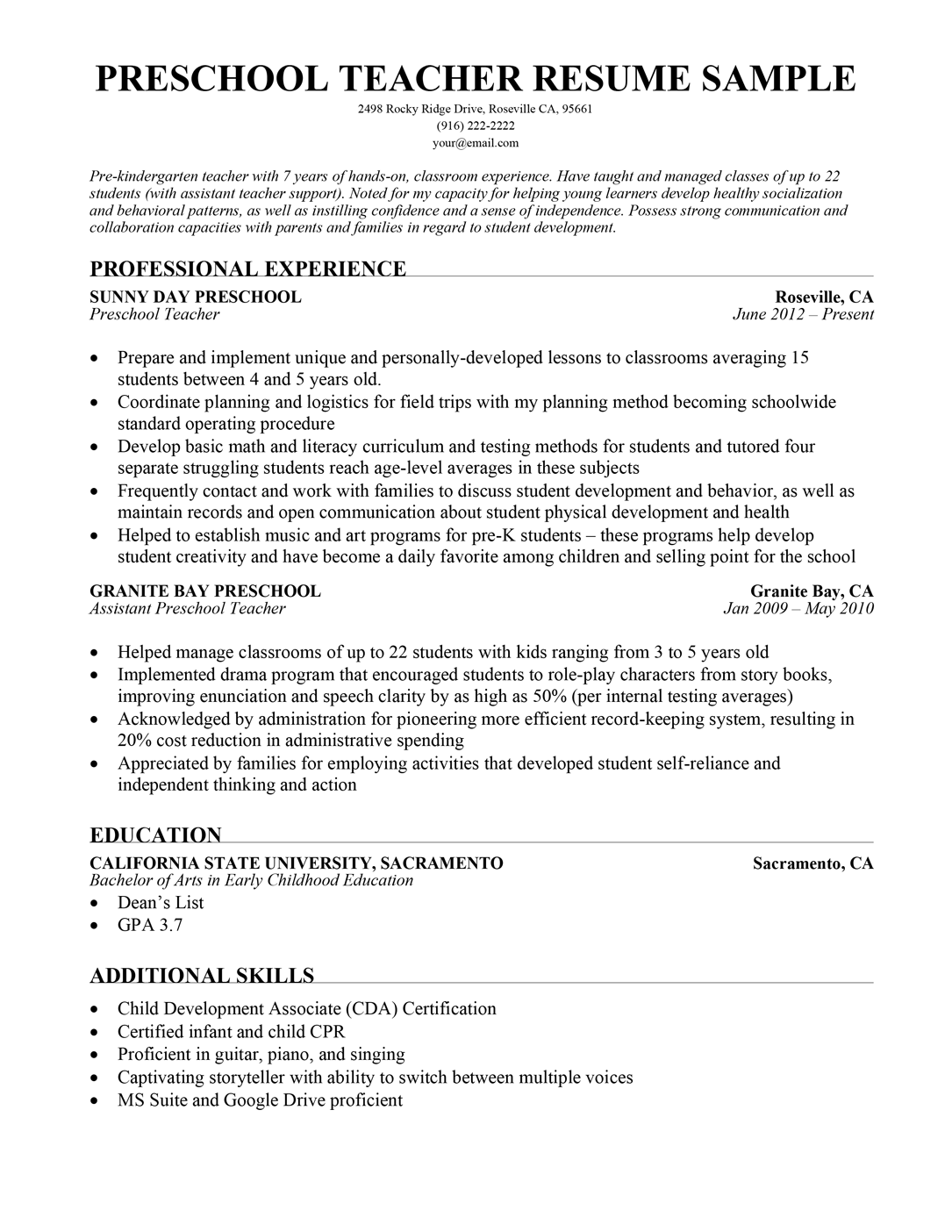 Kindergarten Teacher Resume Exles My Bios