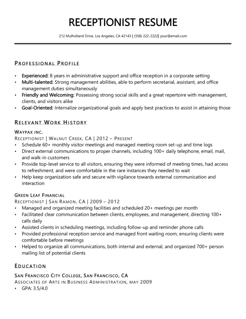 resume for receptionist work