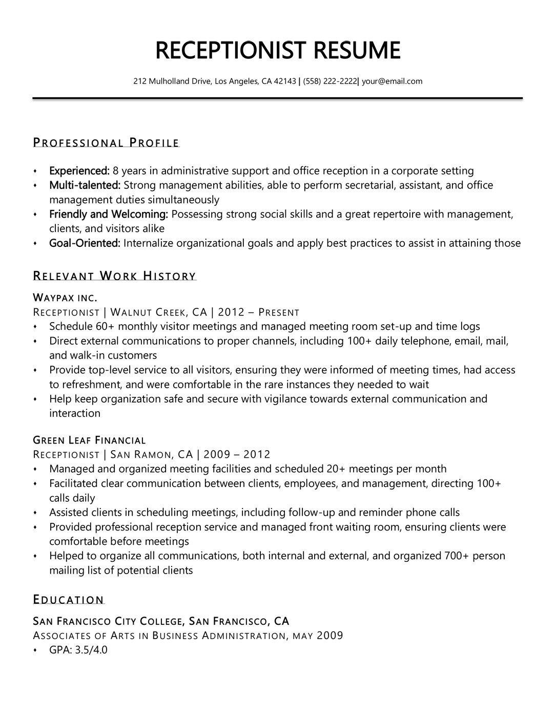 Receptionist resume sample