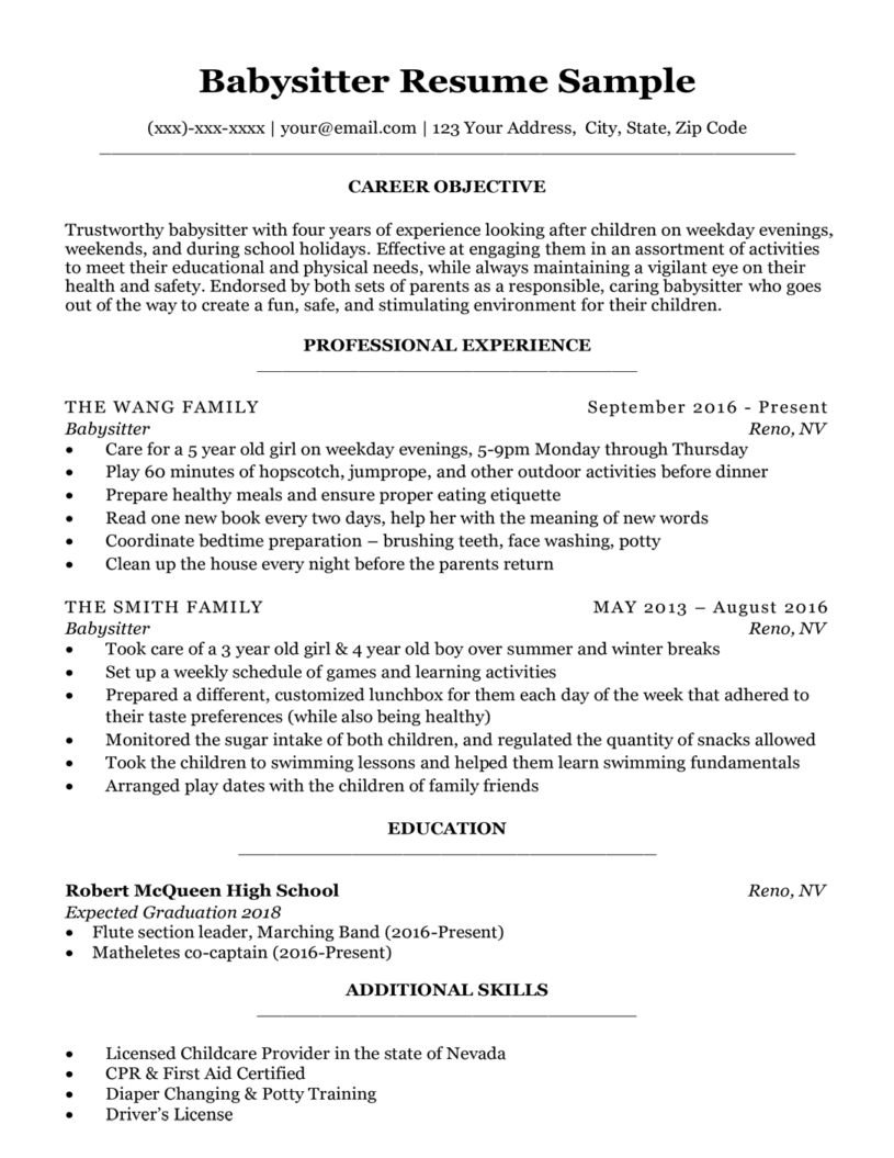 Babysitter Resume Sample & Writing Tips Resume Companion