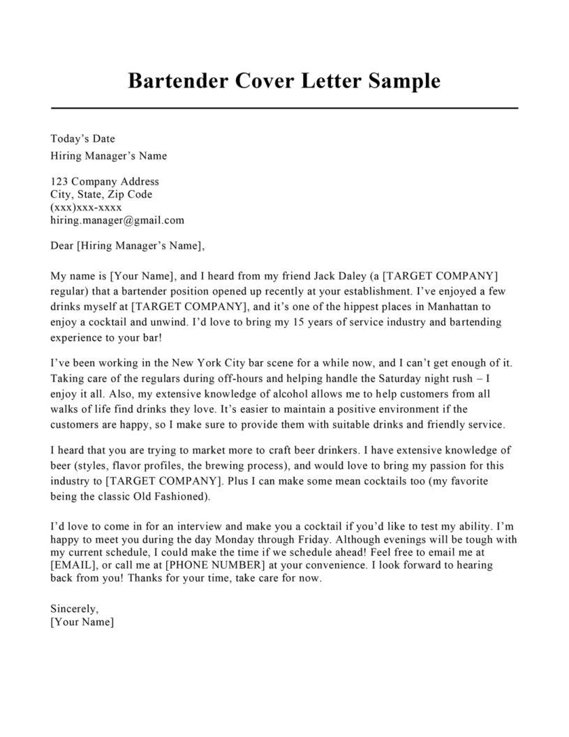 email cover letter for bartender position