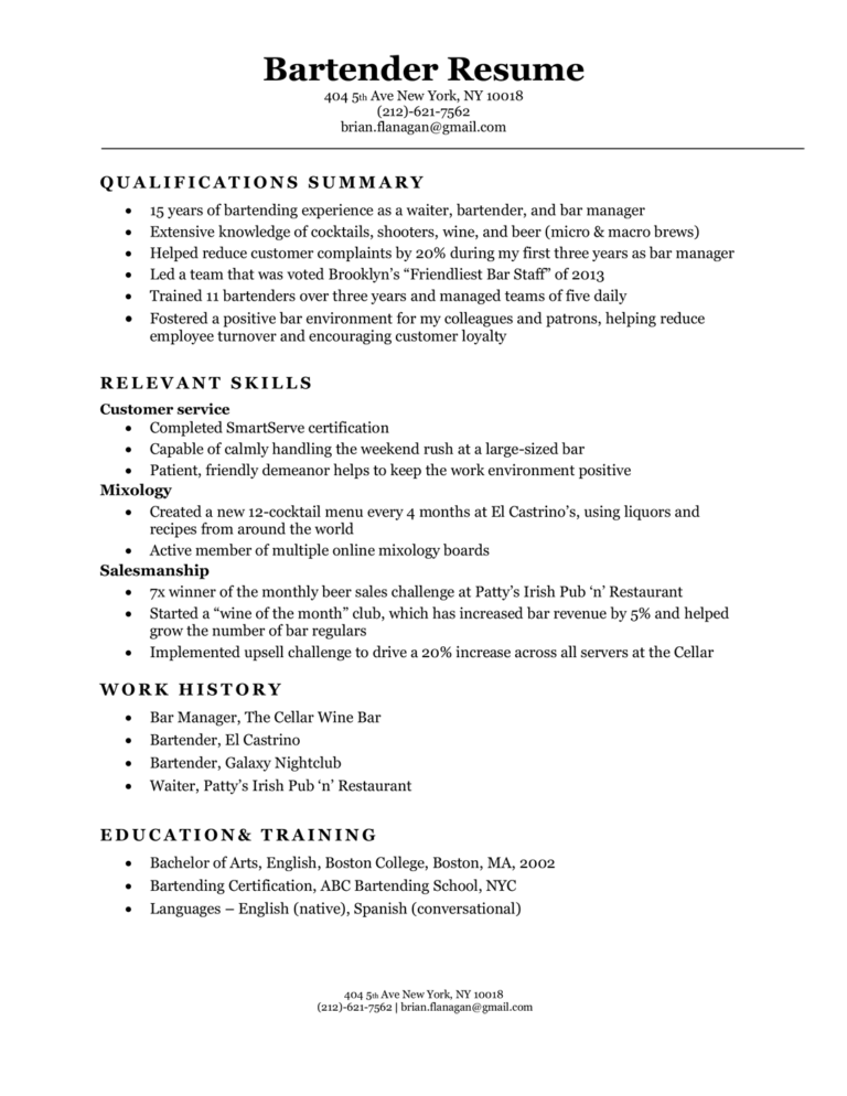 microsoft word 2007 bartending resume template