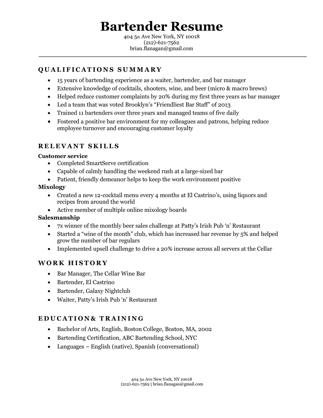 Bartender resume sample