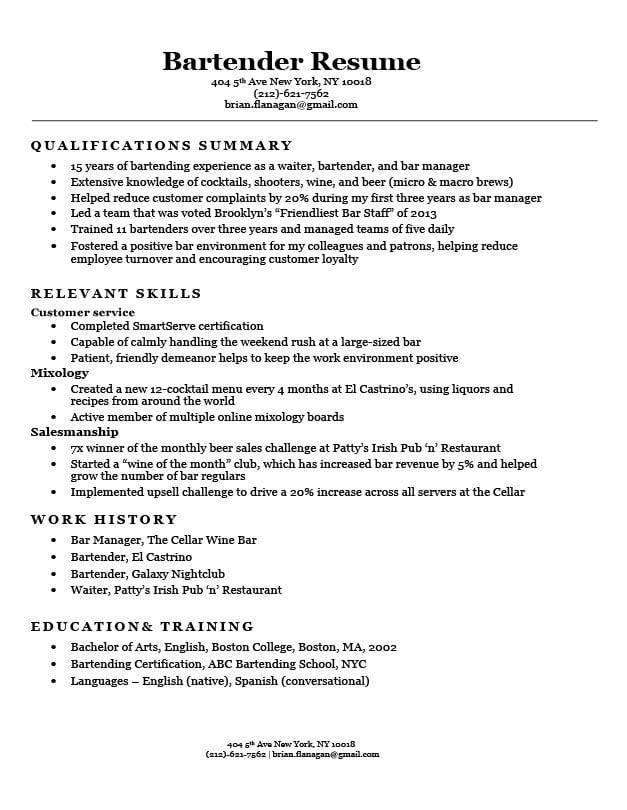 Bartender Resume Sample Download