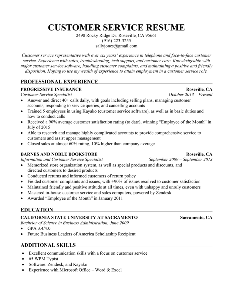 resume verbiage for customer service