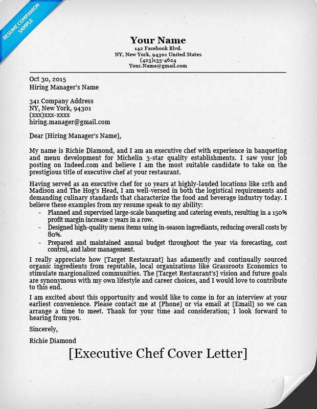 cover letter sample for chef job