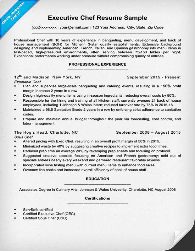 Sample Resume Of Executive Chef   Executive Chef Resume Sample 