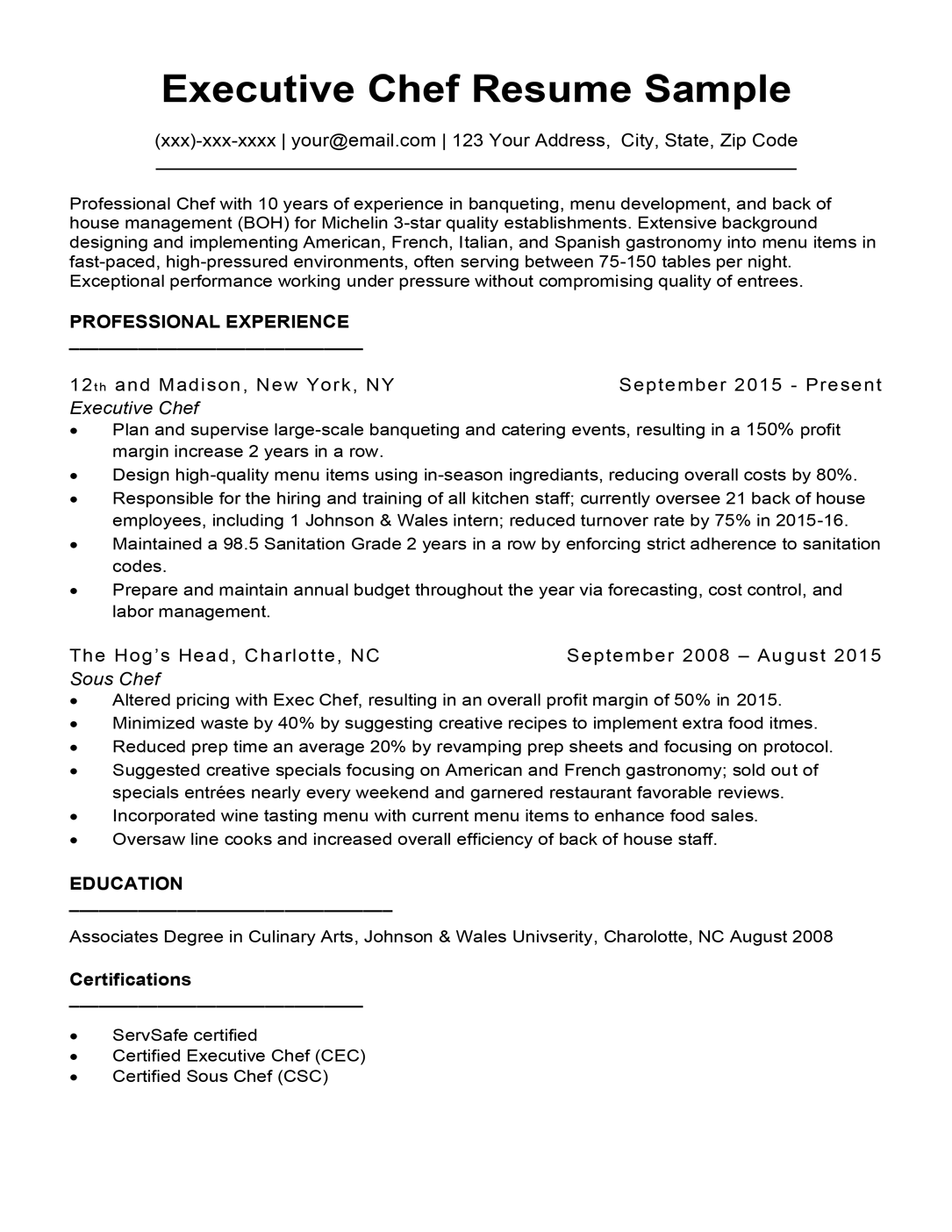 Executive chef resume sample