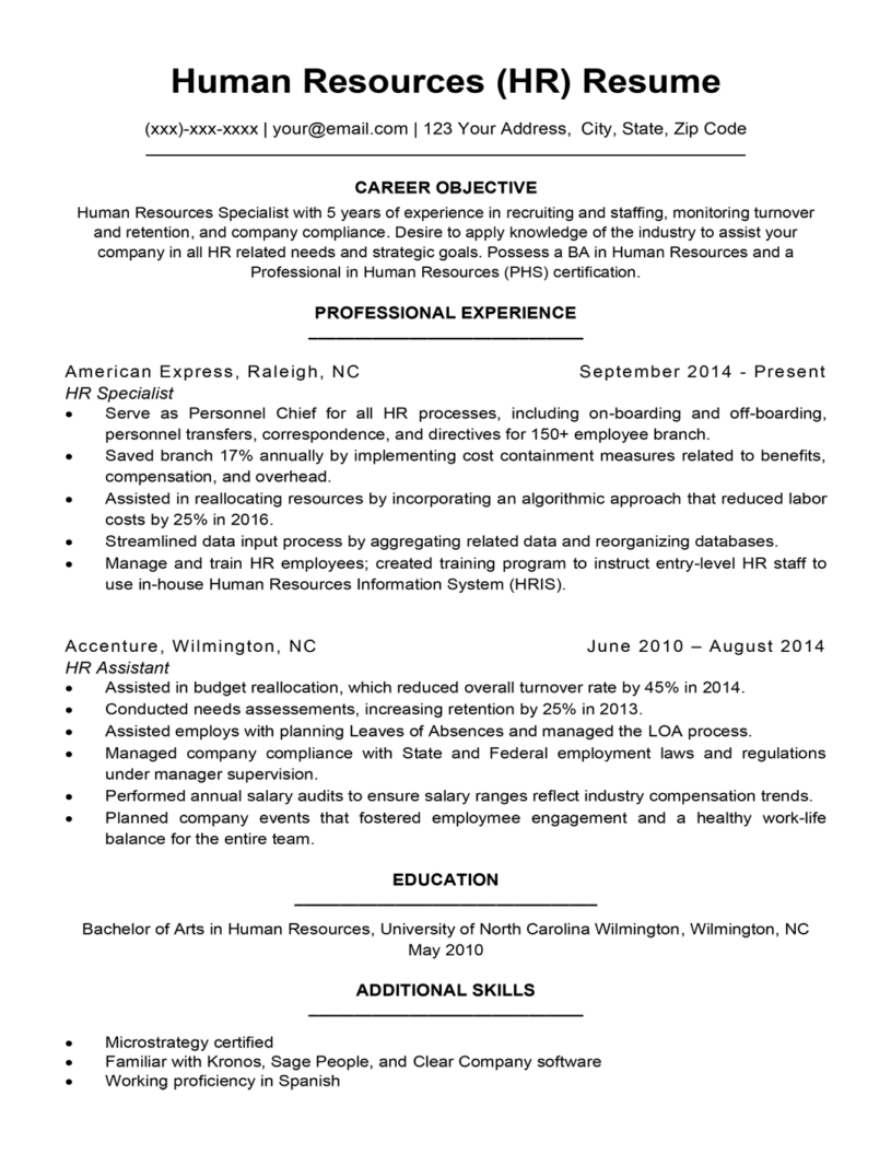 human resources professional resume objective