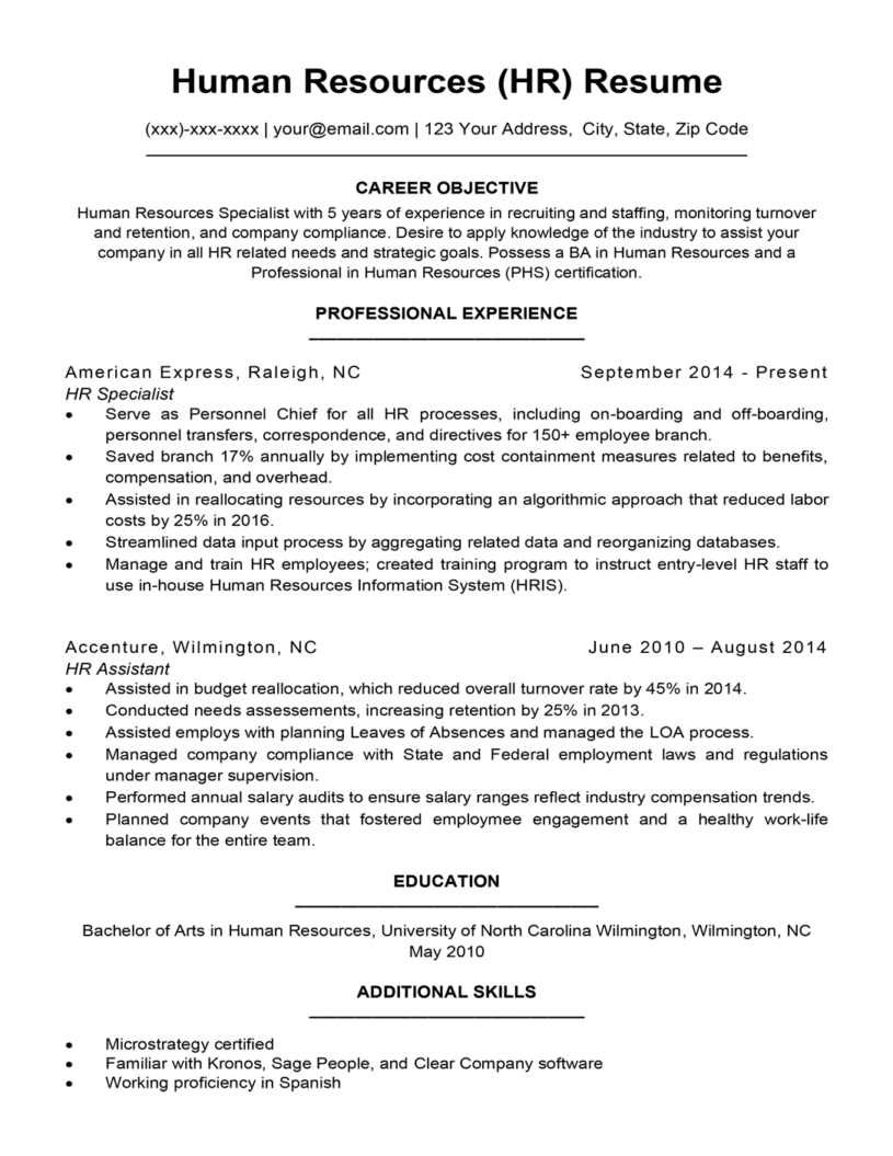 career summary for resume hr