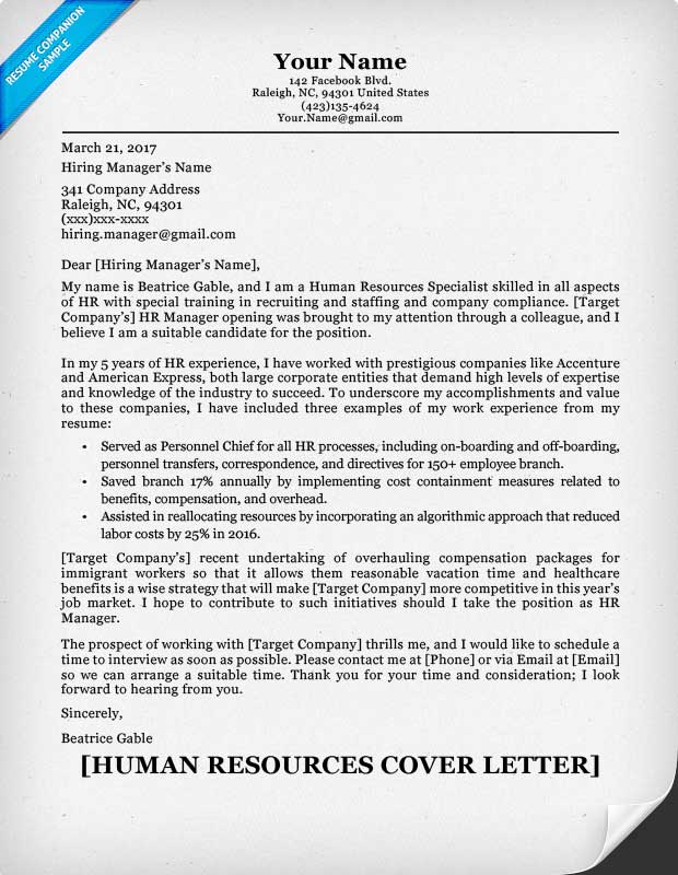 Human Resources Cover Letter & Writing Sample | Resume ...