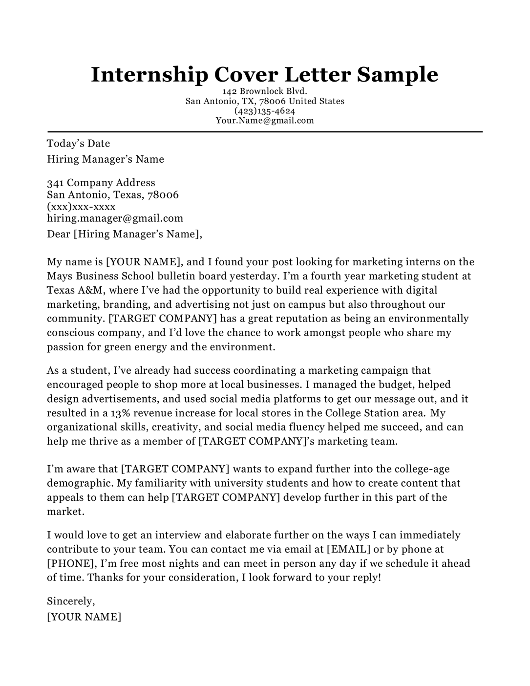 Cover Letter Examples For An Internship from resumecompanion.com