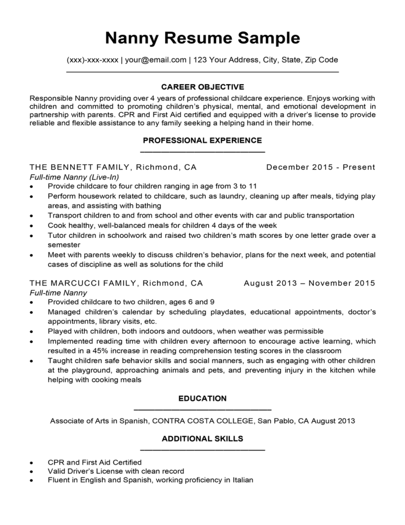 Nanny Resume Sample Writing Tips Resume Companion   Nanny Resume Sample 791x1024 