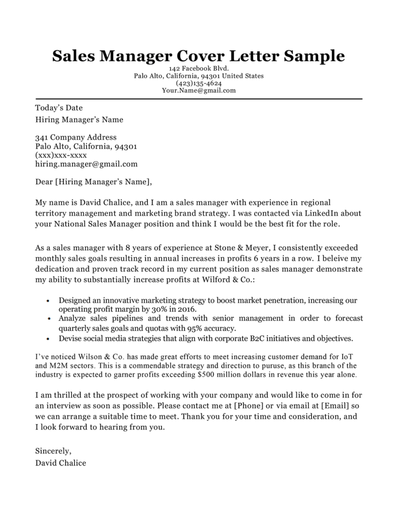 sales manager cover letter resume