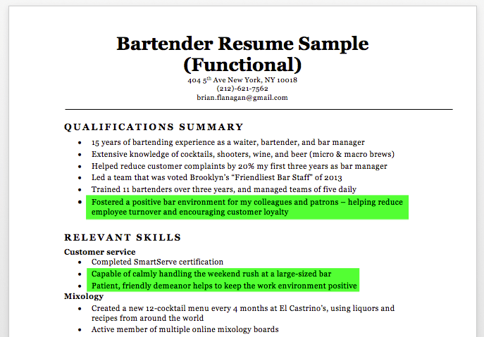 bartender resume with highlighted soft skills