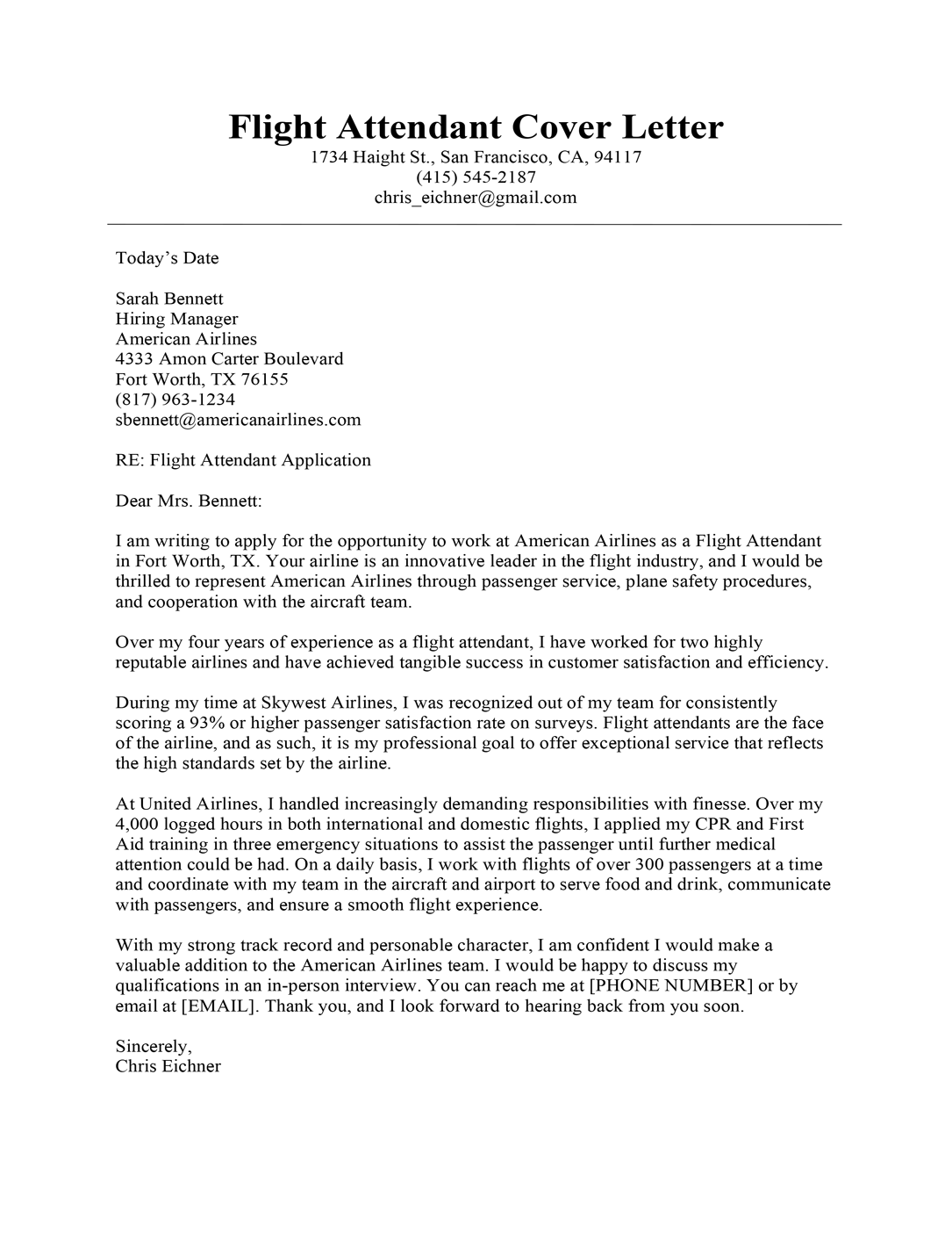 Flight Attendant Cover Letter Sample Guide Resume Companion