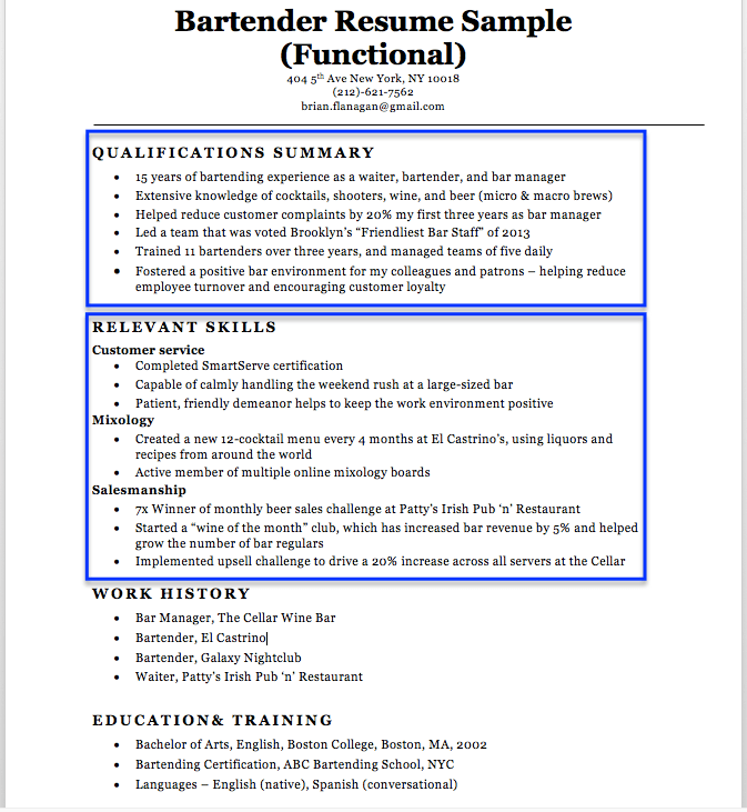 bartender resume skills