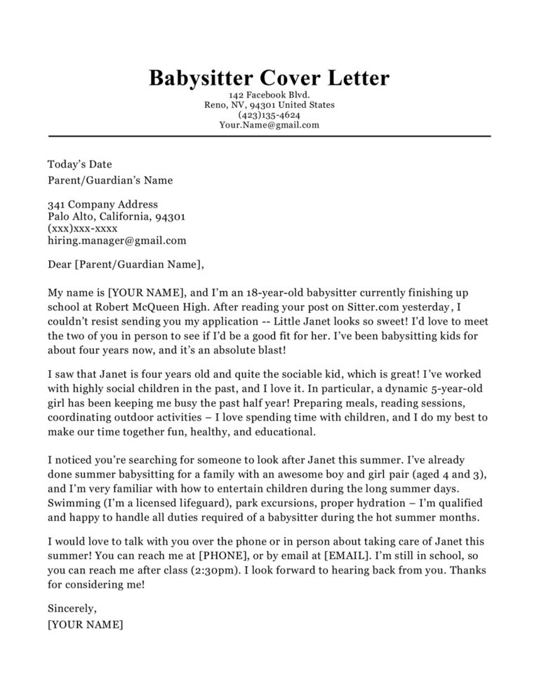 babysitting job application letter