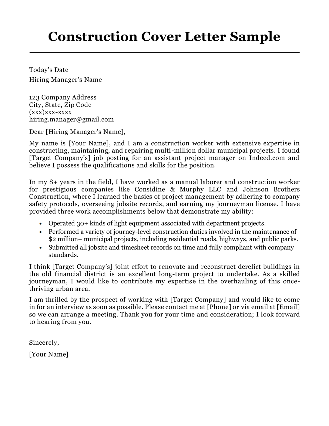 Construction cover letter sample