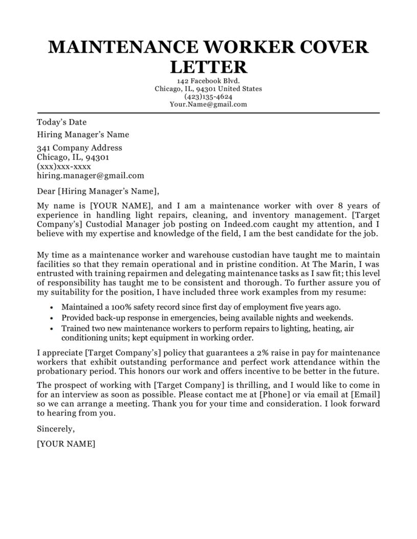 sample cover letter for maintenance position