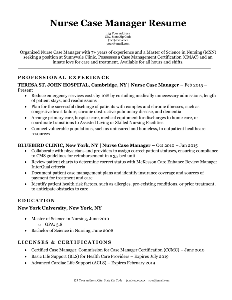 nurse case manager job description for resume
