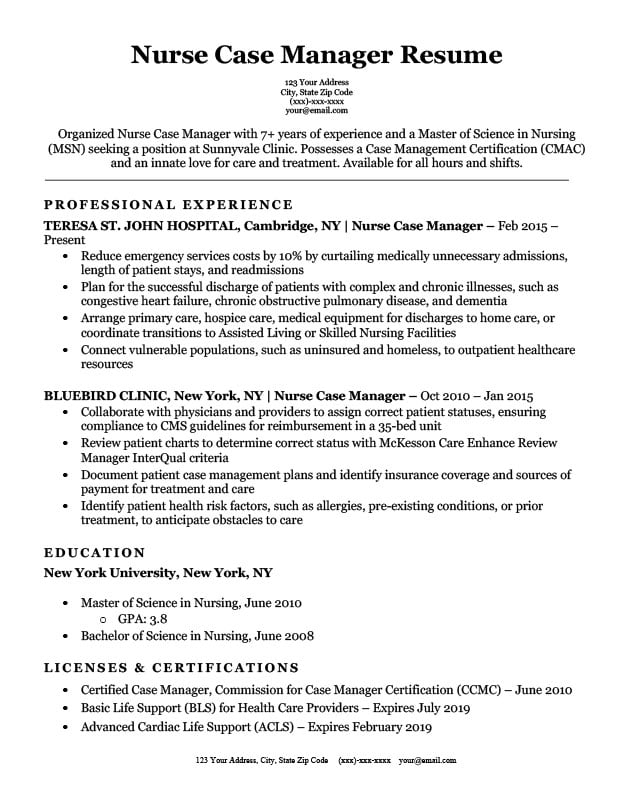 sample resume objective for nursing management