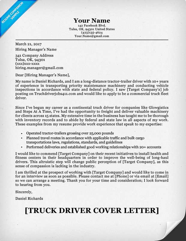 Truck Driver Cover Letter Sample