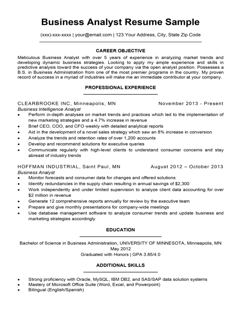 business analyst it resume sample