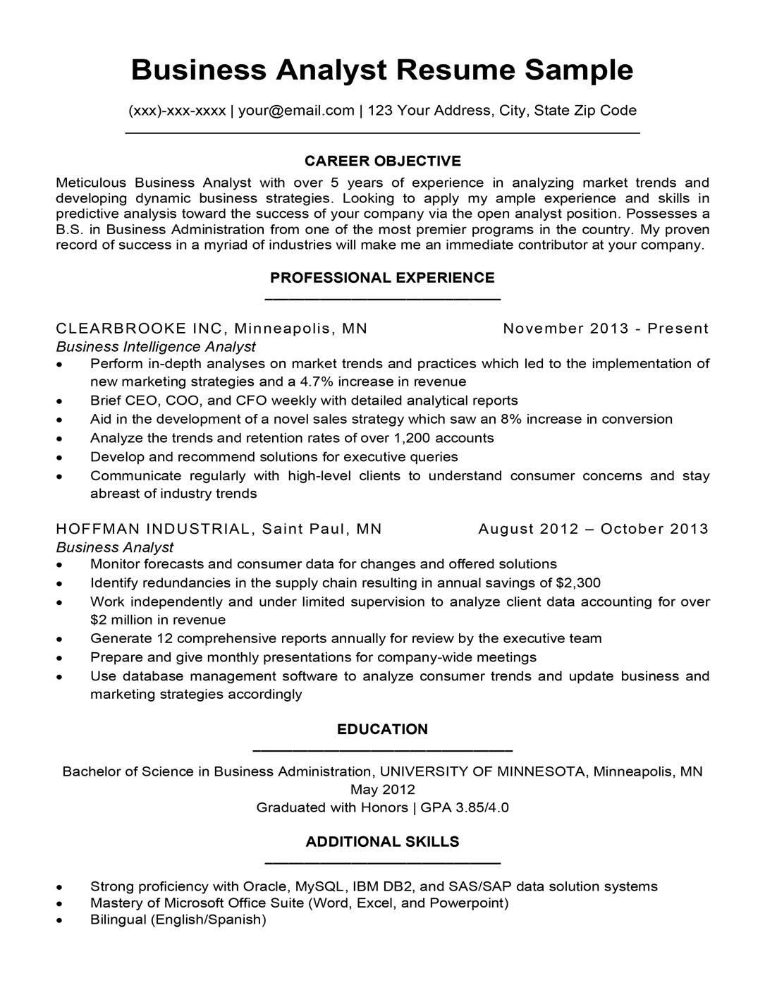 entry level business analyst resume examples