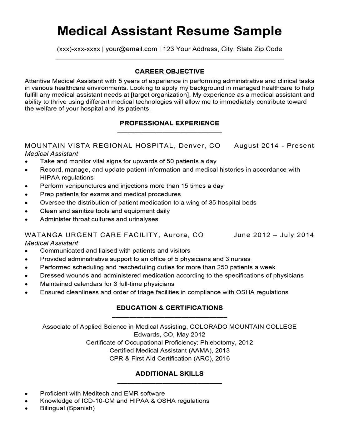 medical assistant resume for hospital