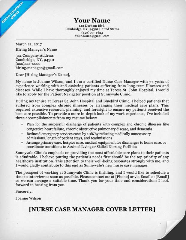 Nurse Case Manager Cover Letter Sample | Resume Companion