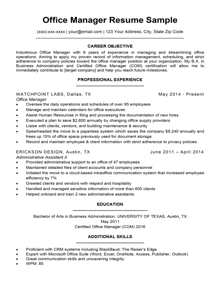 management job objective on resume