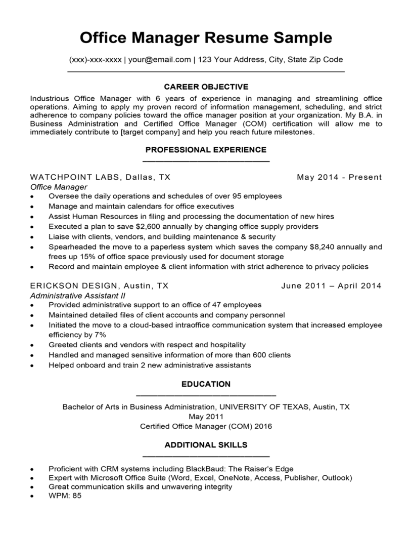 resume objectives examples for office management
