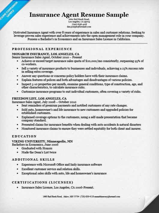 Insurance Agent Resume Sample Resume Companion