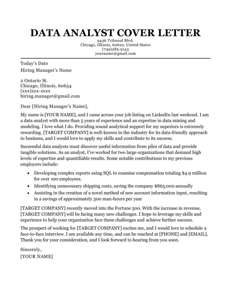 cover letter as data analyst