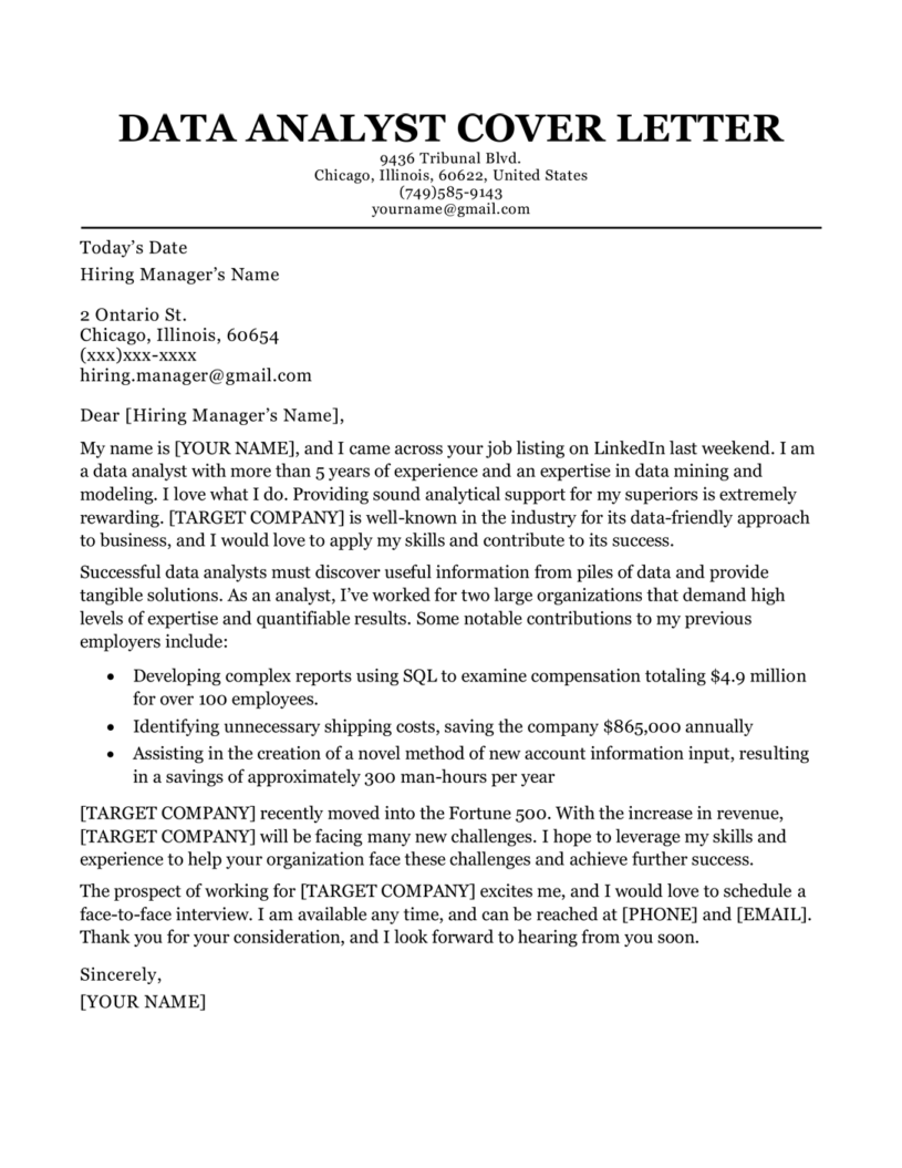 Data Analyst Cover Letter Sample Resume Companion   Data Analyst Cover Letter Example 815x1055 